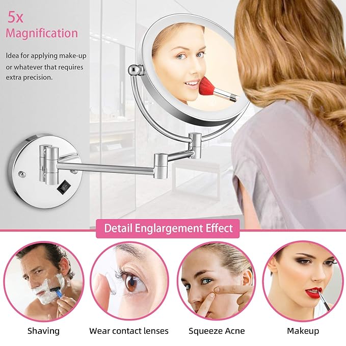 Espejo de Maquillaje de Pared con Luz LED 8 Pulgadas Doble Cara 1x 5x miniatura 7