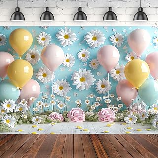 Daisy Balloon Girl Birthday Party Photo Background Daisy Peace Love 1st Birthday Party Decoration Wedding Baby Shower Holiday Background Flowers Princess Fairy Portrait Background (7X5FT)