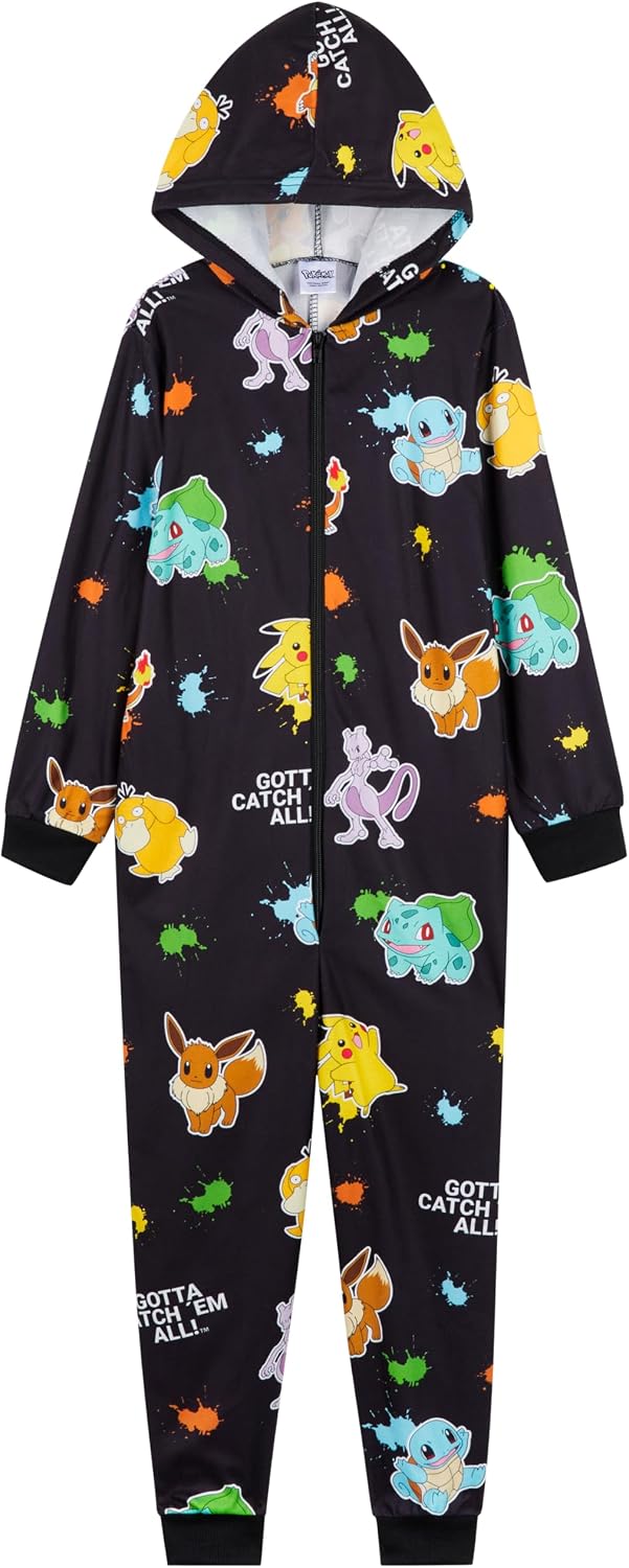 Pokemon Kids Fleece Hooded Jumpsuit, One-Piece Pajamas with Pockets, Pikachu Sleepwear, Lounge Wear, Gifts for Boys and Girls