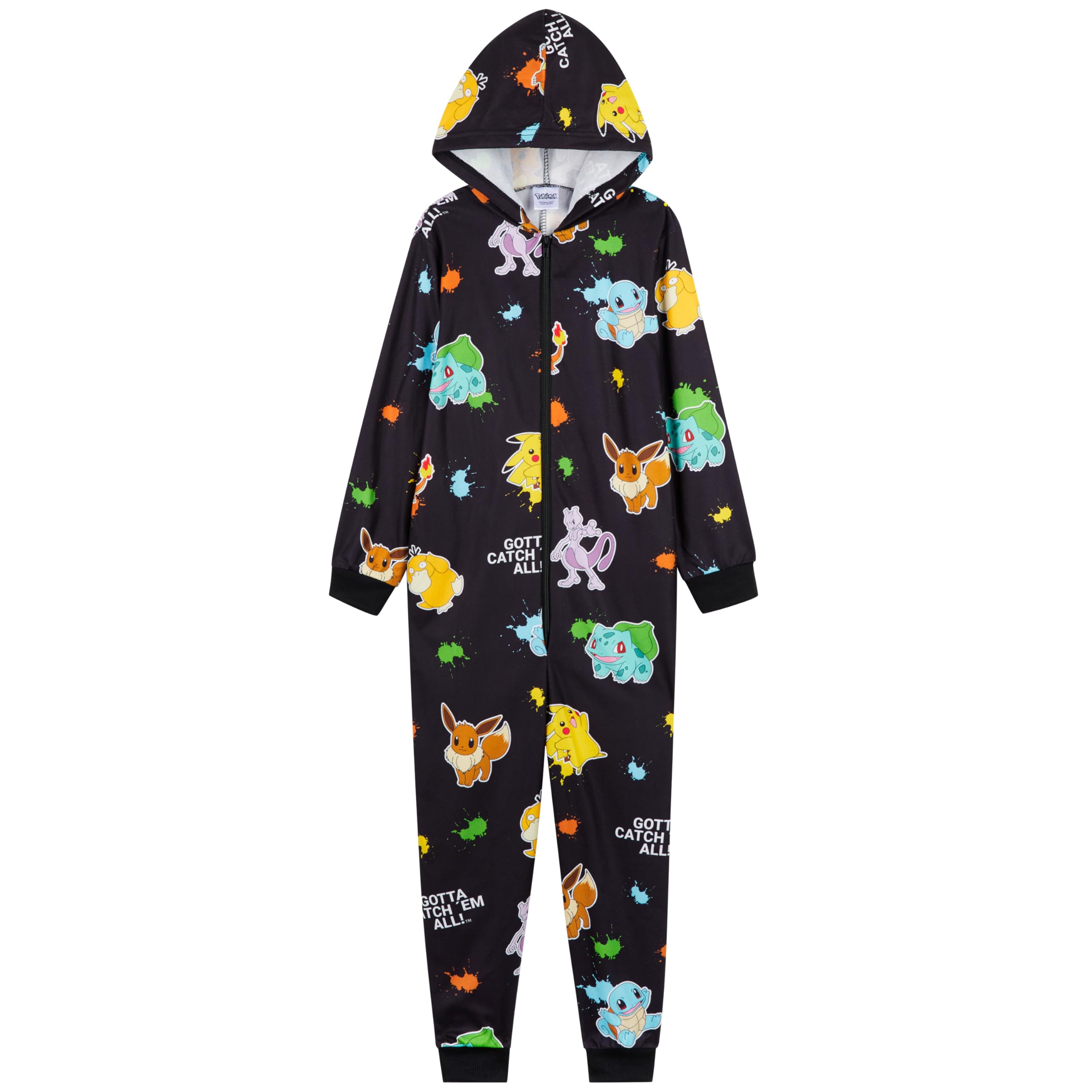 Pokemon Fleece Onesie for Boys Warm Hooded Onesie for Kids Teenagers 4-14 Years Kids PJs Comfy Loungewear - Boys Gifts (Black Aop, 13-14 Years)