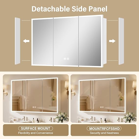 4832inch White Medicine Cabinet with Light,Recess Medicine Cabinet for Bathroom,3 Color,Dimmable,Demister,Detachable Side Plate for Recess Mount or Surface Mount