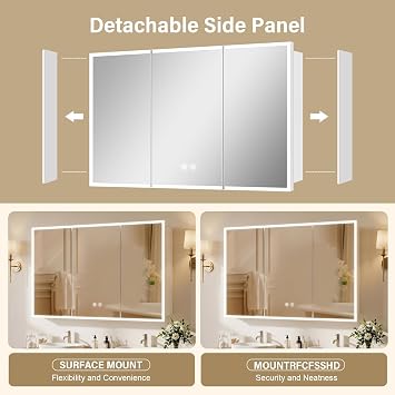 4832inch White Medicine Cabinet with Light,Recess Medicine Cabinet for Bathroom,3 Color,Dimmable,Demister,Detachable Side Plate for Recess Mount or Surface Mount