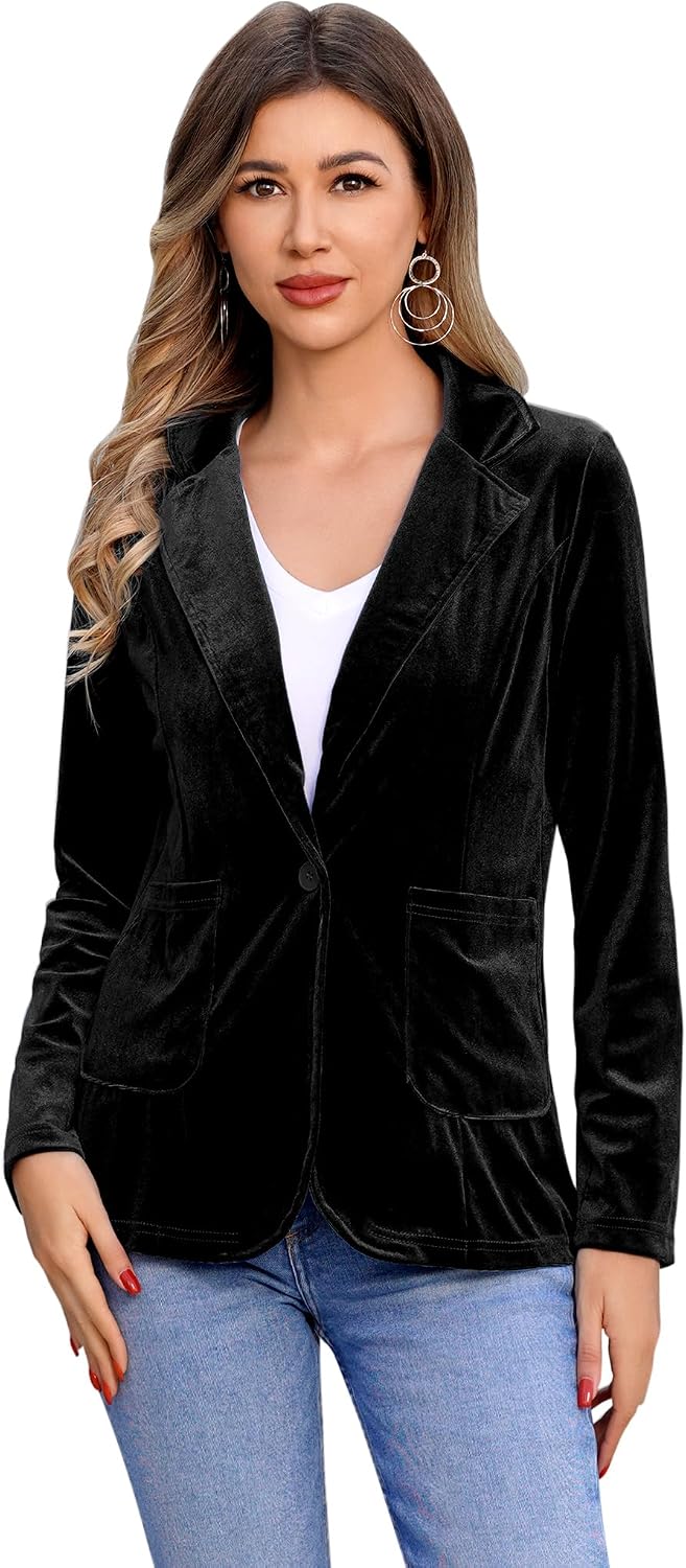 IDOPIP Women's Velvet Blazer Jacket Long Sleeve Lapel Open Front Cardigan Coat Casual Office Blazer Jacket Suits with Pockets