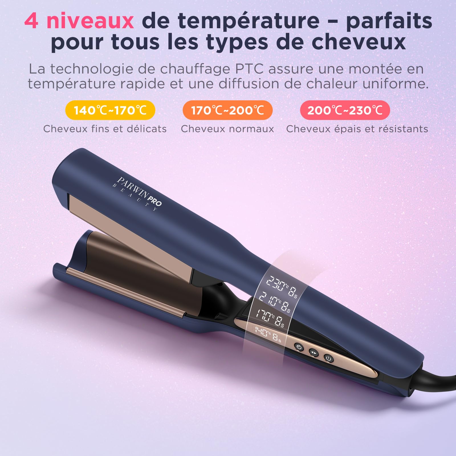 Fer à Onduler Deep Waves 25 mm Mermaid Waves, PARWIN PRO BEAUTY Fer à Boucler Double Cylindre Beach Waves, 3 Niveaux de Minuterie (6/8/10 s) & Écran LED, 4 Températures Réglables, Léger 350 g