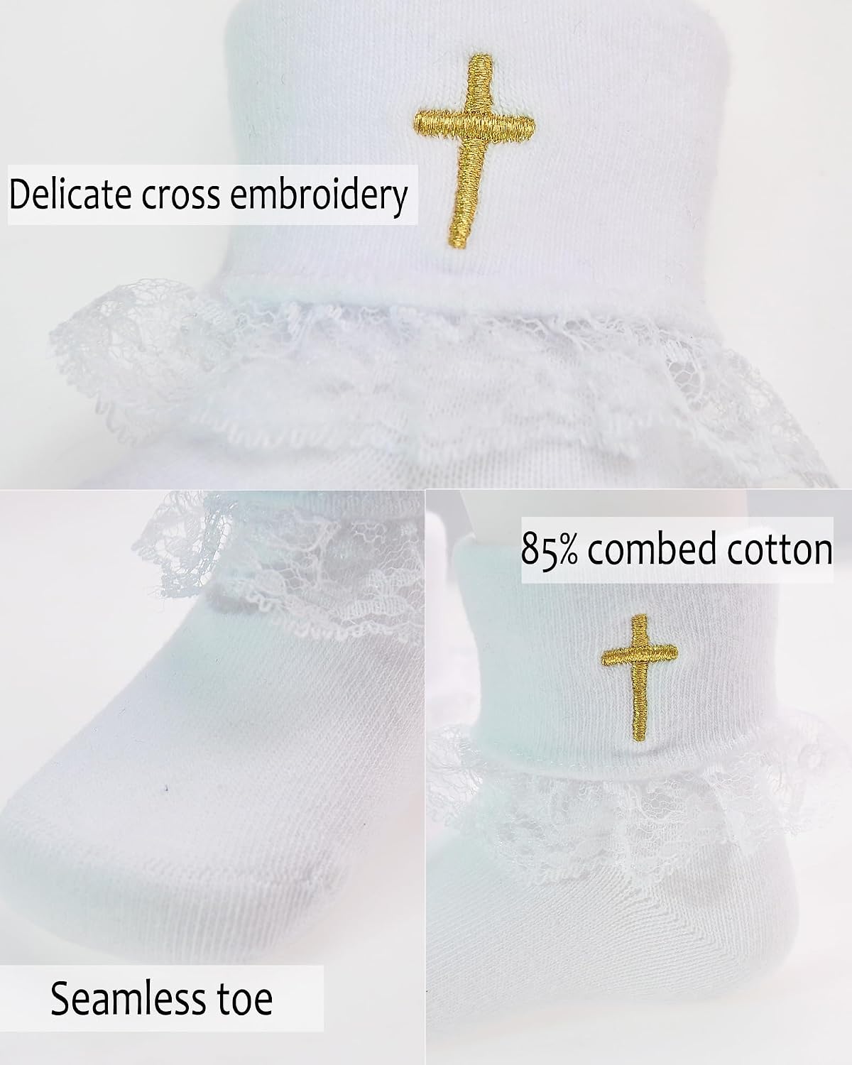 Baptism Socks for Baby Newborn White Turn Cuff Cross Socks,Toddler Ruffle Sock Christening Outfits for Boys Girls image 4