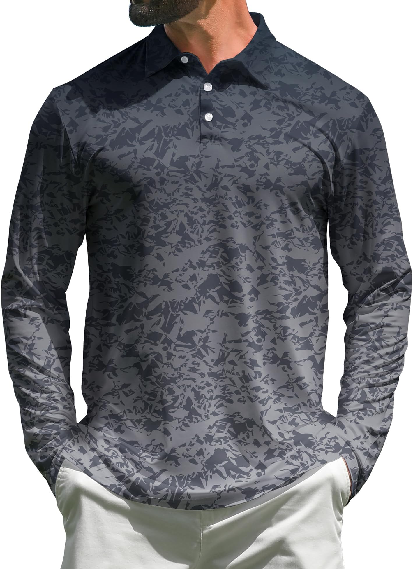 Mens Golf Shirts Long Sleeve Print Performance Polo Shirts Moisture Wicking Dry Fit Golf Polo for Men