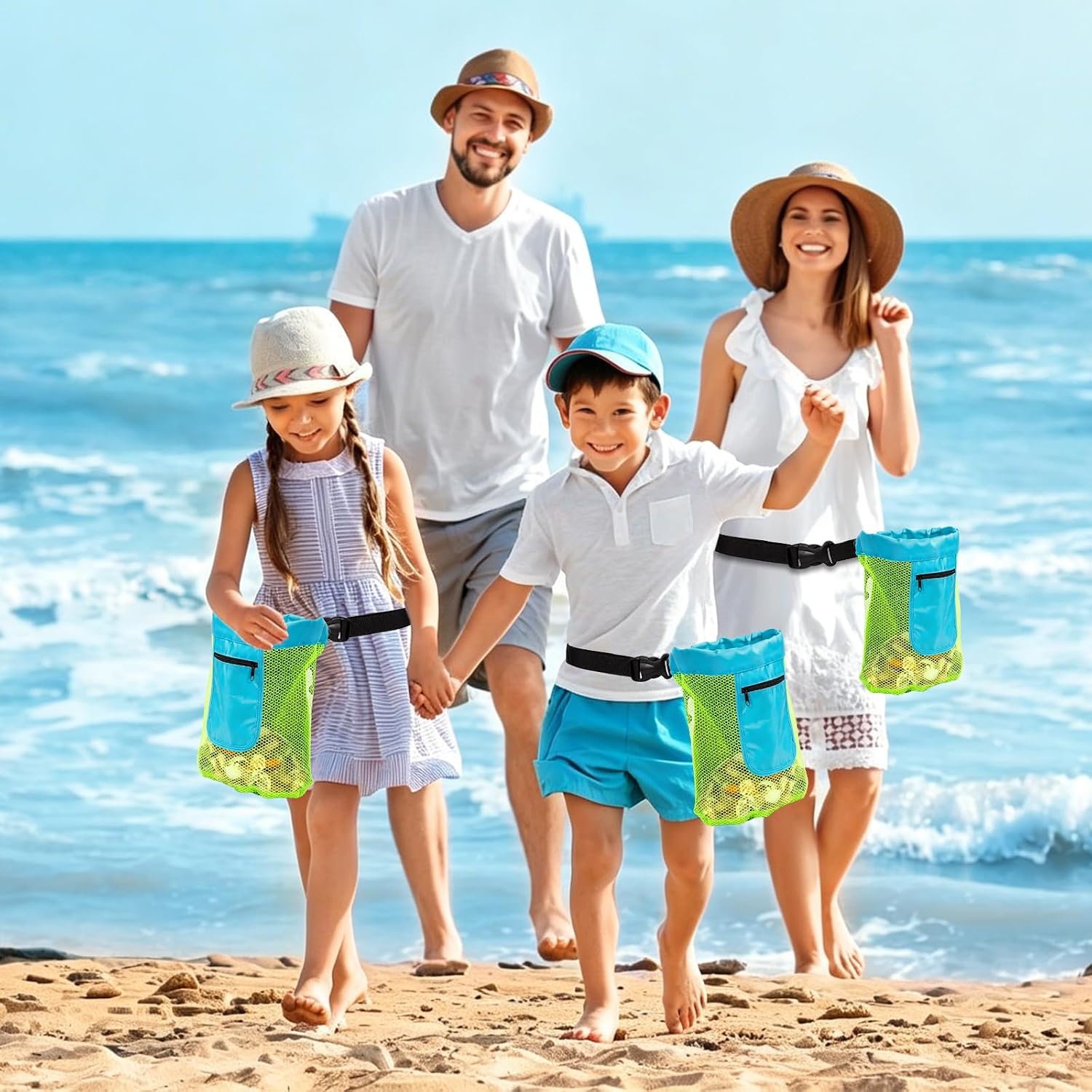 Shell Bags for Beach, Waist Mesh Drawstring Collecting Bag