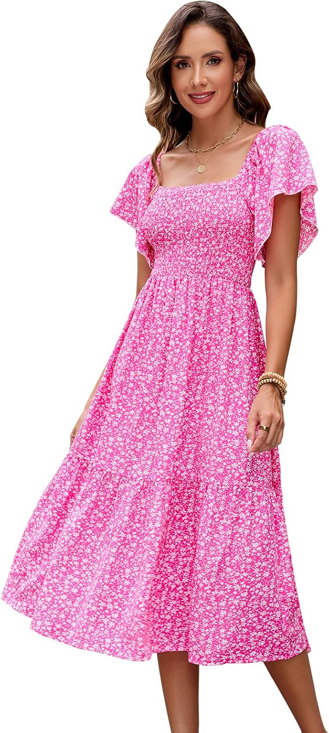 Summer Casual Floral Dresses for Women Beach Vacation Midi Sundresses Short Sleeve Square Neck Boho Flowy Smocked Dress - Image 5