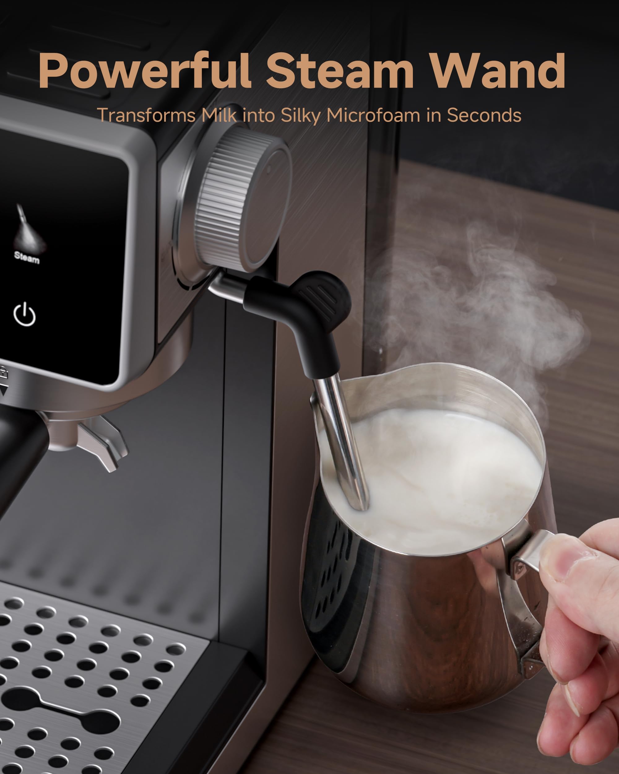 AMZCHEF Espresso Machine with 20 Bar Pressure, Integrated Grinder & 3-Temp Hot/Cold Brew | Versatile Coffee Machine with Milk Frother for Lattes/Cappuccinos, 61oz Water Tank, Black — view 5