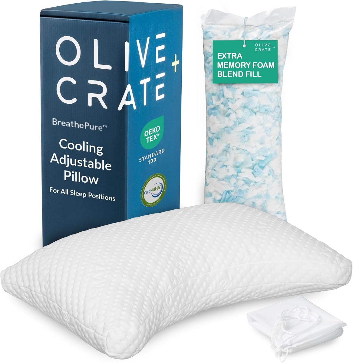 Olive + Crate Adjustable Loft Shredded Memory Foam Pillow - Crescent | BreathePure™ Breathable Pillow, Hypoallergenic, CertiPUR-US Certified, for Back, Stomach, Side Sleepers