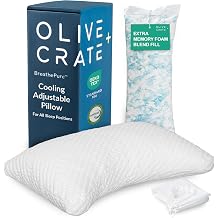 Olive + Crate BreathePure&trade; Adjustable Loft Shredded Memory Foam Pillow - Queen Size - Crescent Cooling Pillow, Hypoallergenic, CertiPUR-US Certified, for Back, Stomach, Side Sleepers &amp; Neck Pain