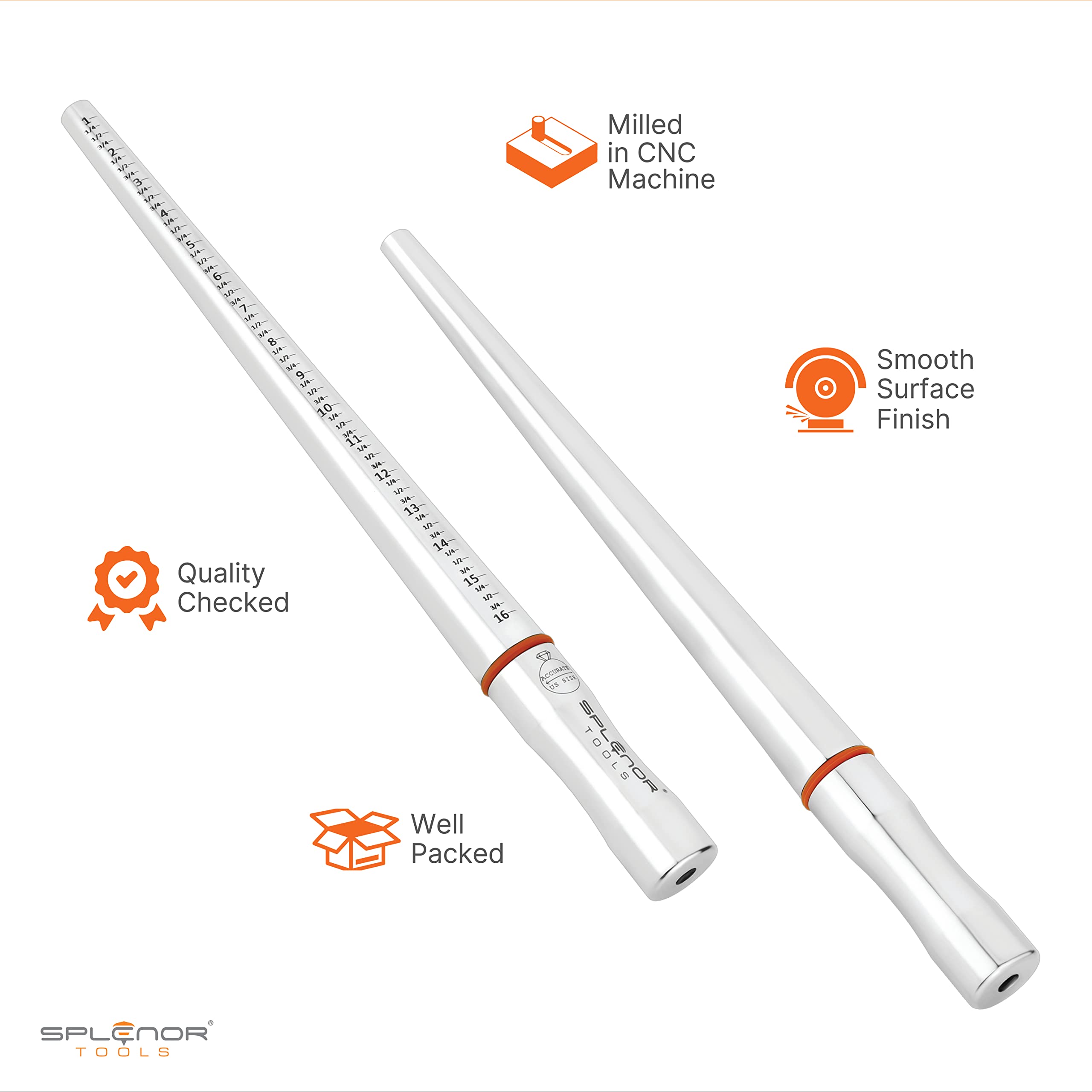 Splenor Tools 33 cm solidny trzpień pierścieniowy ze stali nierdzewnej bez rowków - do pomiaru i formowania pierścieni, narzędzie do produkcji biżuterii, rozmiar pierścionka, rozmiar (US 1-16)