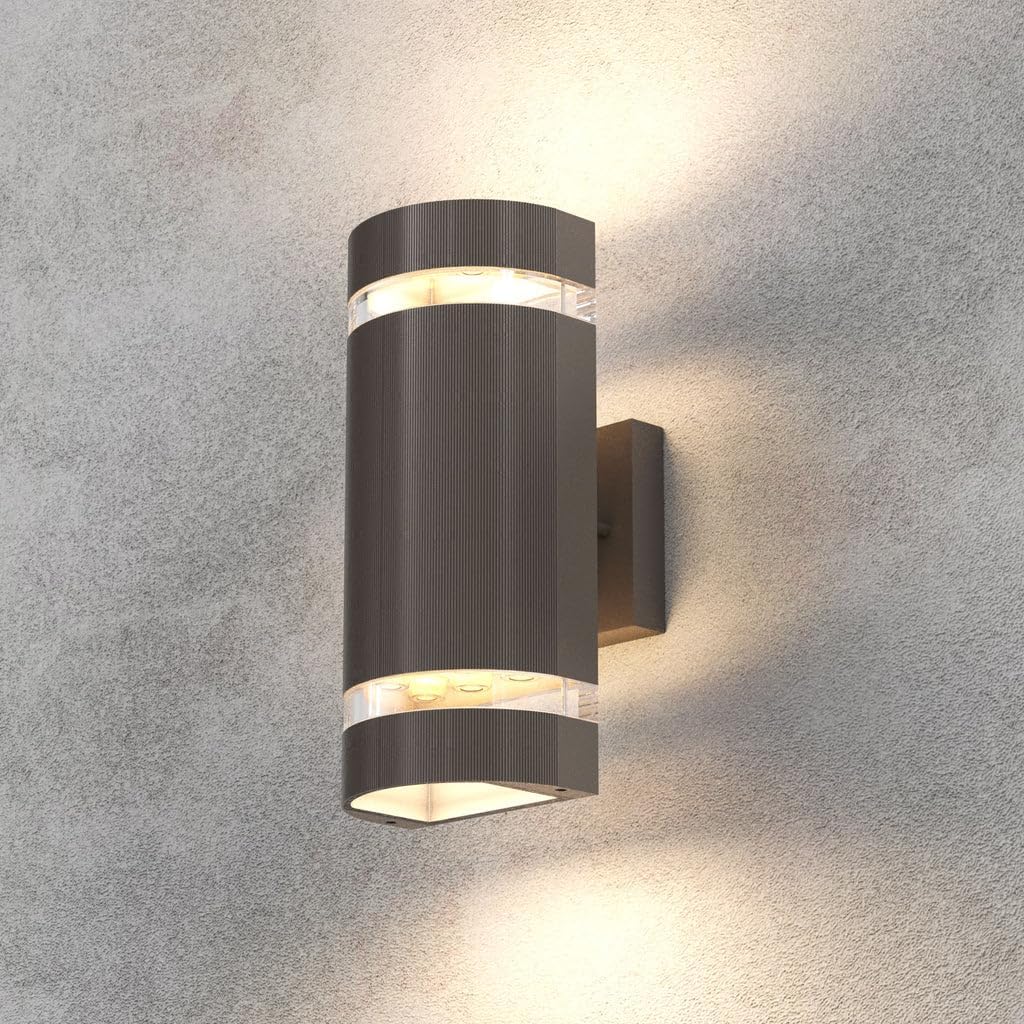 LEDMyplaces Waterproof 2X5W Cylinder Up and Down Outdoor Wall Sconce Lights, Dusk-to-Dawn Illumination for Stylish Porch Décor, 5000K Daylight White, Aluminum, Double Side Light