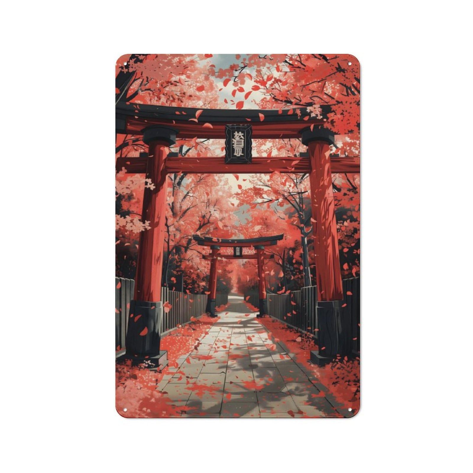 Junmoney Torii Under Cherry Blossom Vintage Tin Wall Plaque 30X20cm For Workshop Wall, A Decorative Christmas Gift For Makers And Diy Enthusiasts