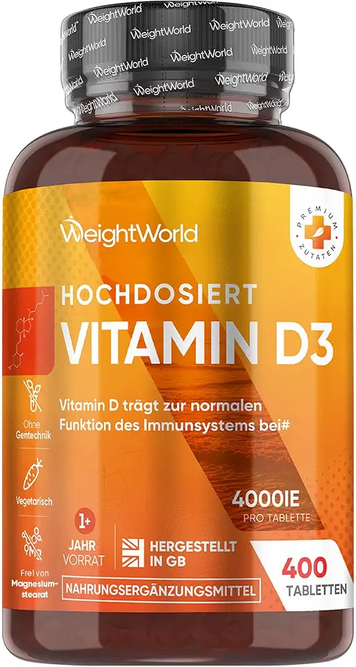 Vitamin D3 4000 IE - 400 Tabletten - Vitamin D trägt zur Erhaltung normaler Knochen (EFSA)- 1 Tablette alle 4 Tage - Frei von Magnesiumstearat, Ohne Zusatzstoffe, Vegatarisch - WeightWorld