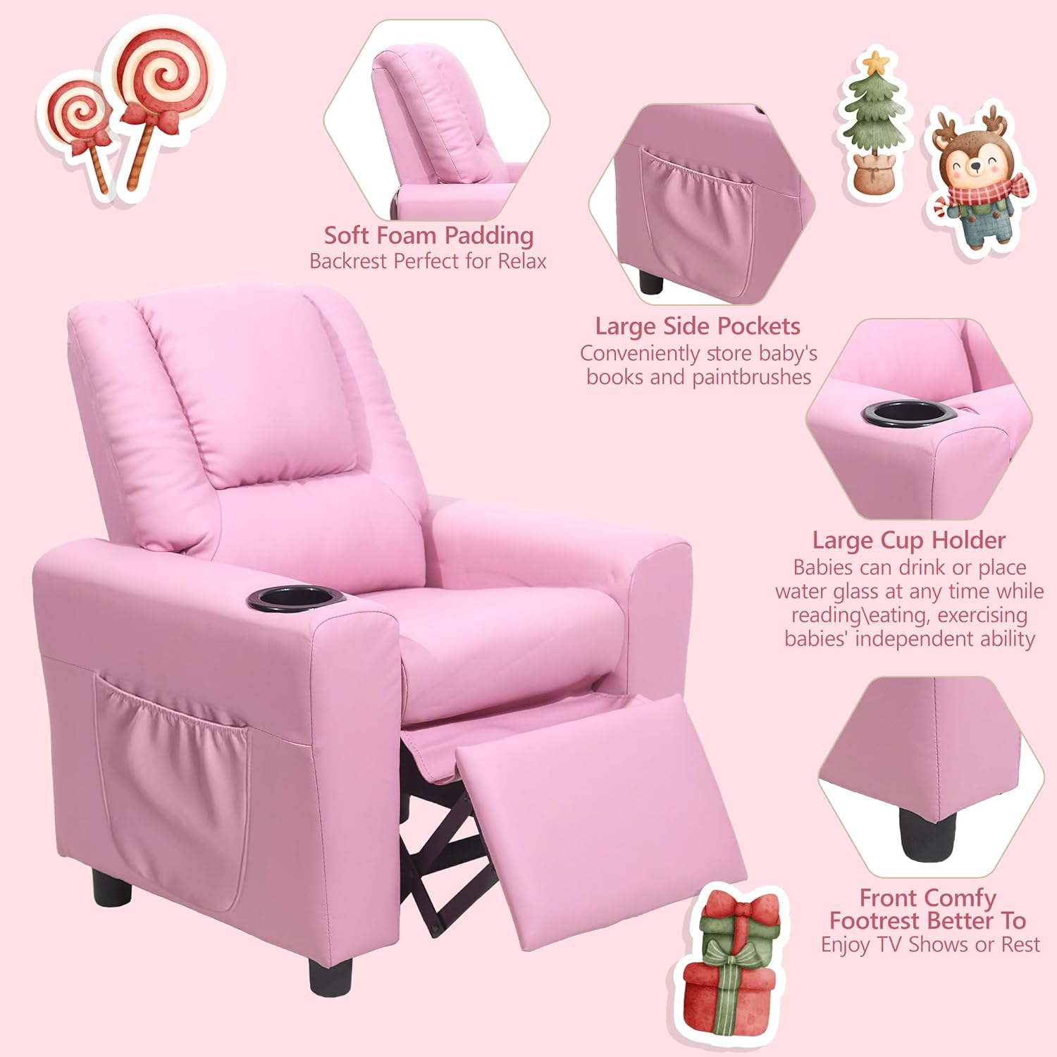 Kids Recliner Chairs for Toddlers, Toddler Recliners for Kids Age 0-5 with Cup Holder and Side Pocket, Leather Lounge Chair for Girls Boys Baby Bedroom, Pink