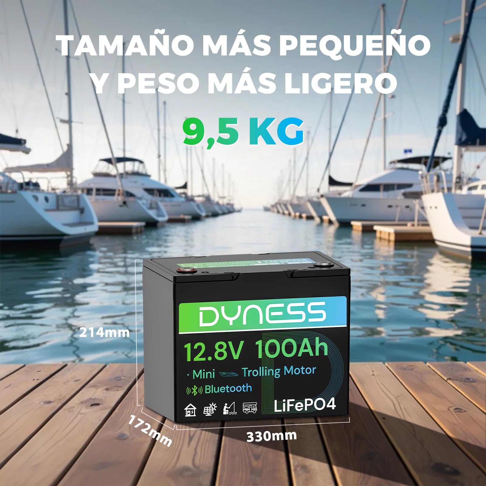 Dyness Batería de Litio 12V 100Ah Bluetooth, Batería LiFePO4 Mini 12V para Kayak con BMS 100A, Protección contra Bajas Temperaturas, para Sistemas Solares, Barcos, Caravanas, Camping
