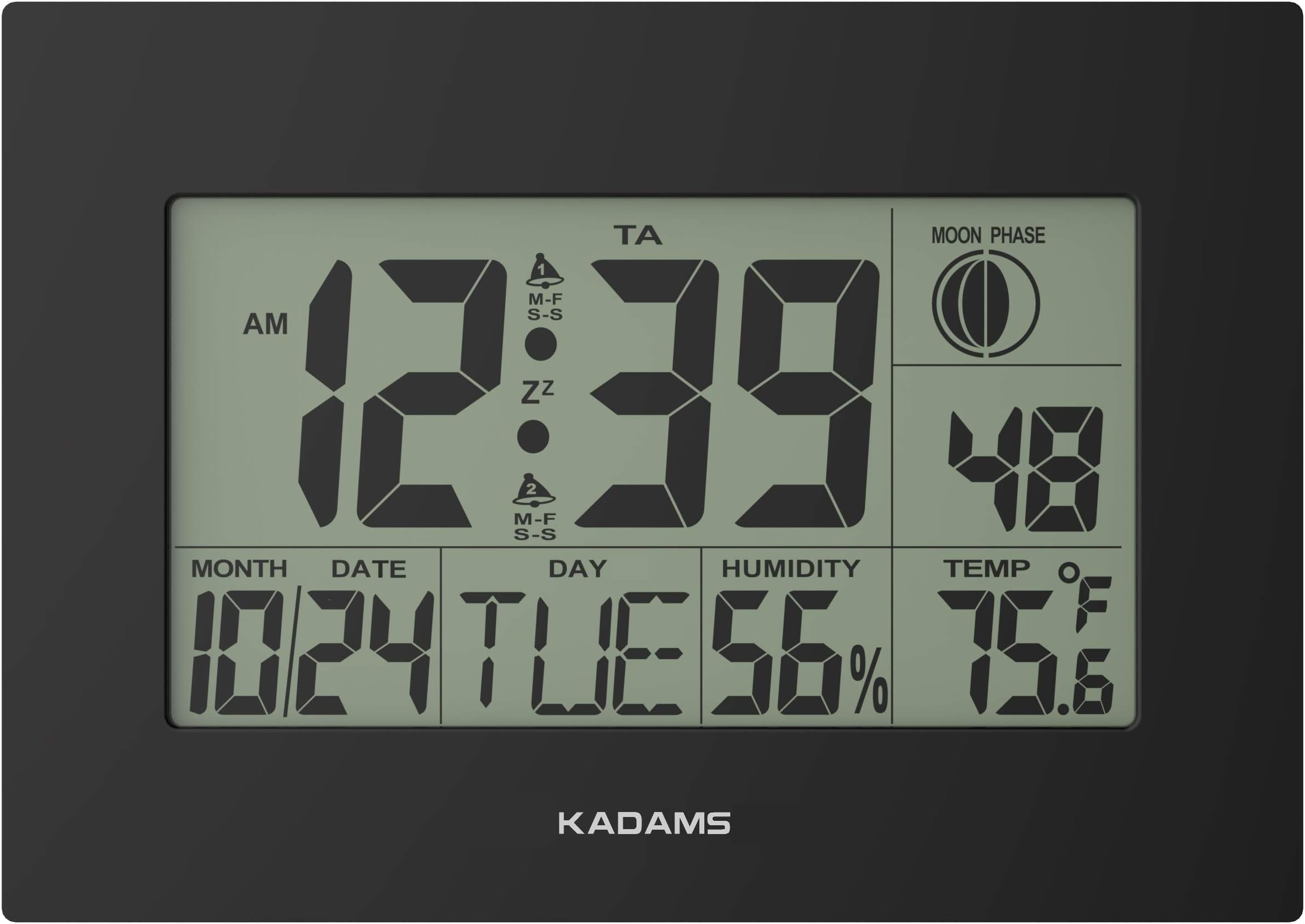 KADAMS Large Digital Wall Clock - Dual Alarm with Snooze Function - Wall Calendar - Moon Phase - Temperature & Humidity - Fold-Out Table Stand, Multiple Mounting Options - Battery Operated (Black)