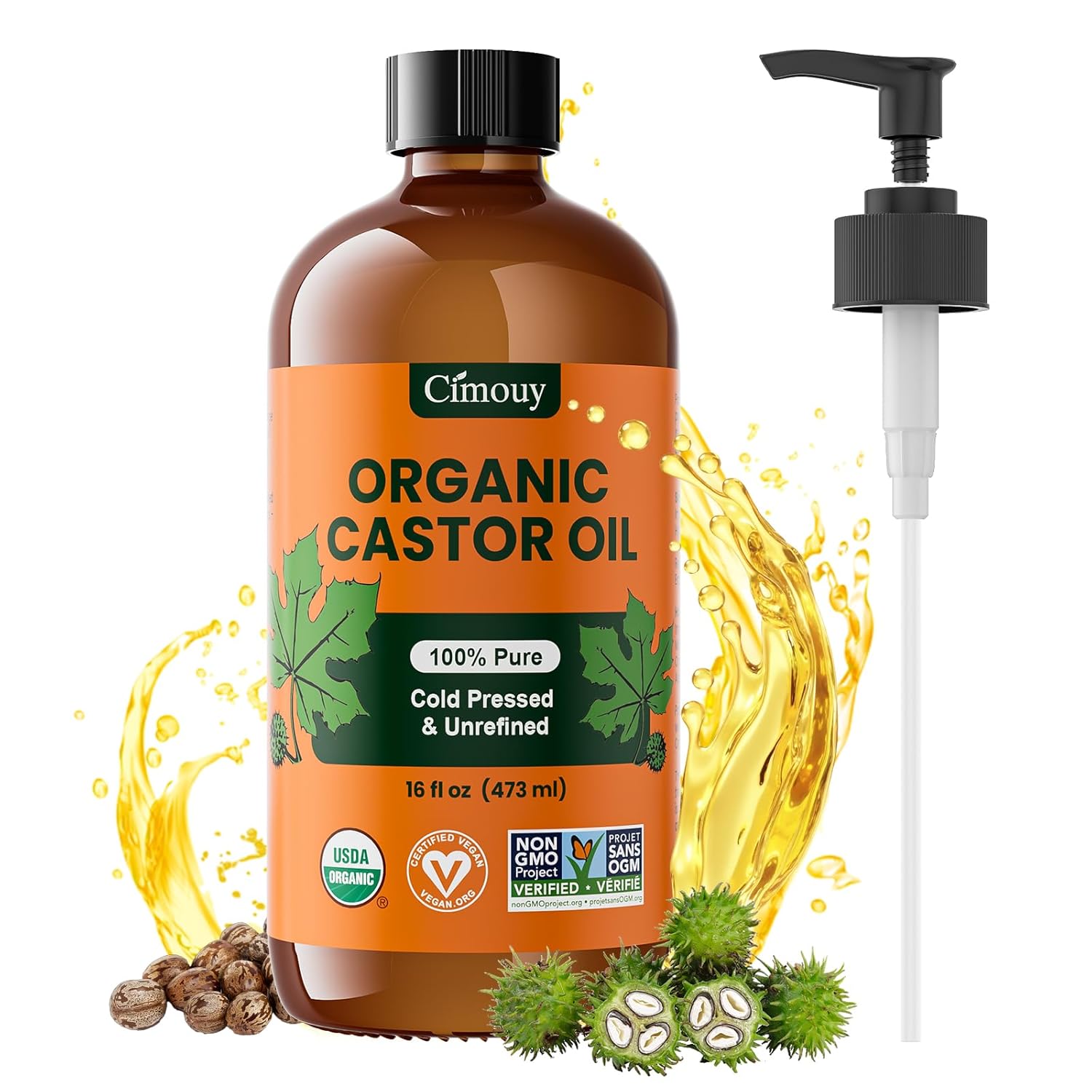 Organic Castor Oil Cold Pressed 16oz Glass Bottle,USDA Organic & EWG Verified 100% Pure & Hexane-Free,Castor Oil for Hair Growth, Body,Face, Skin,Lashes & Brows - Image 2