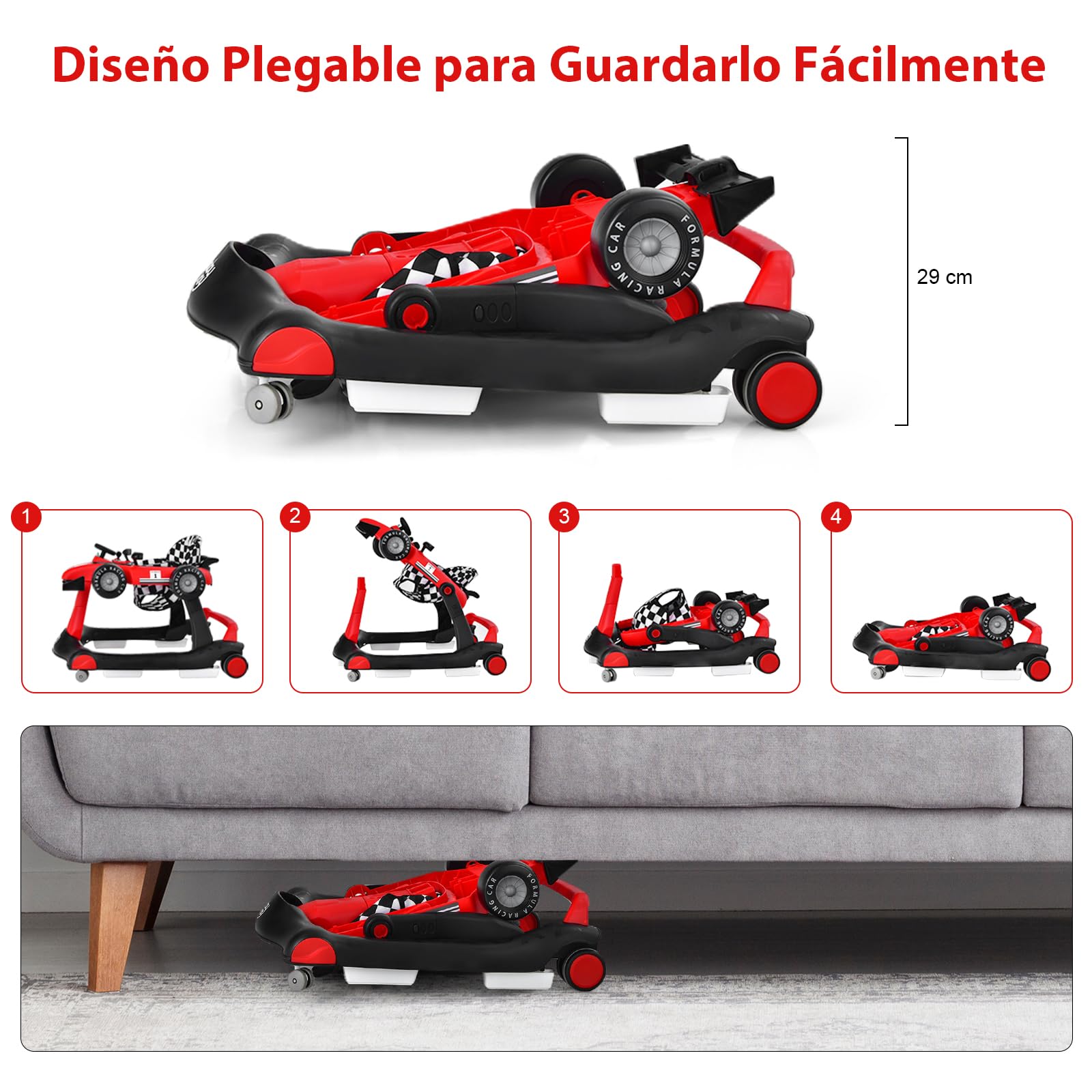 RELAX4LIFE 4 en 1 Andador para Bebés 6-18 Meses, Andador Plegable con Altura Regulable en 3 Niveles, Tacatá Bebés con Luces, Sonidos y Velocidad Controlable, 64 x 73 x 50,5-55,5 cm (Rojo)