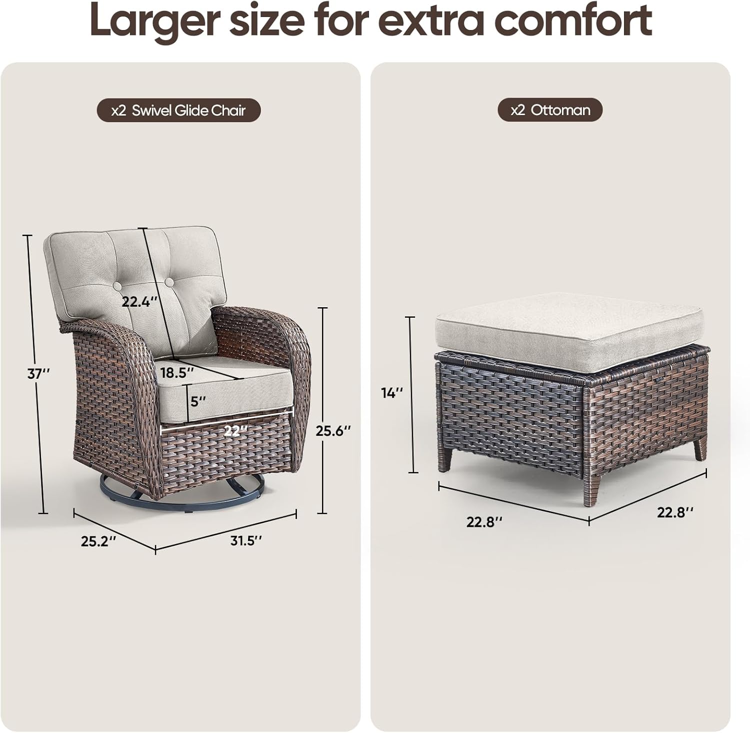 4-piece rotating balcony chair set with 31-inch T-shaped wide backrest - rattan outdoor rotating balcony chairs, wide backrest comfortable outdoor sliding chair - Brown Rattan | Beige Cushions