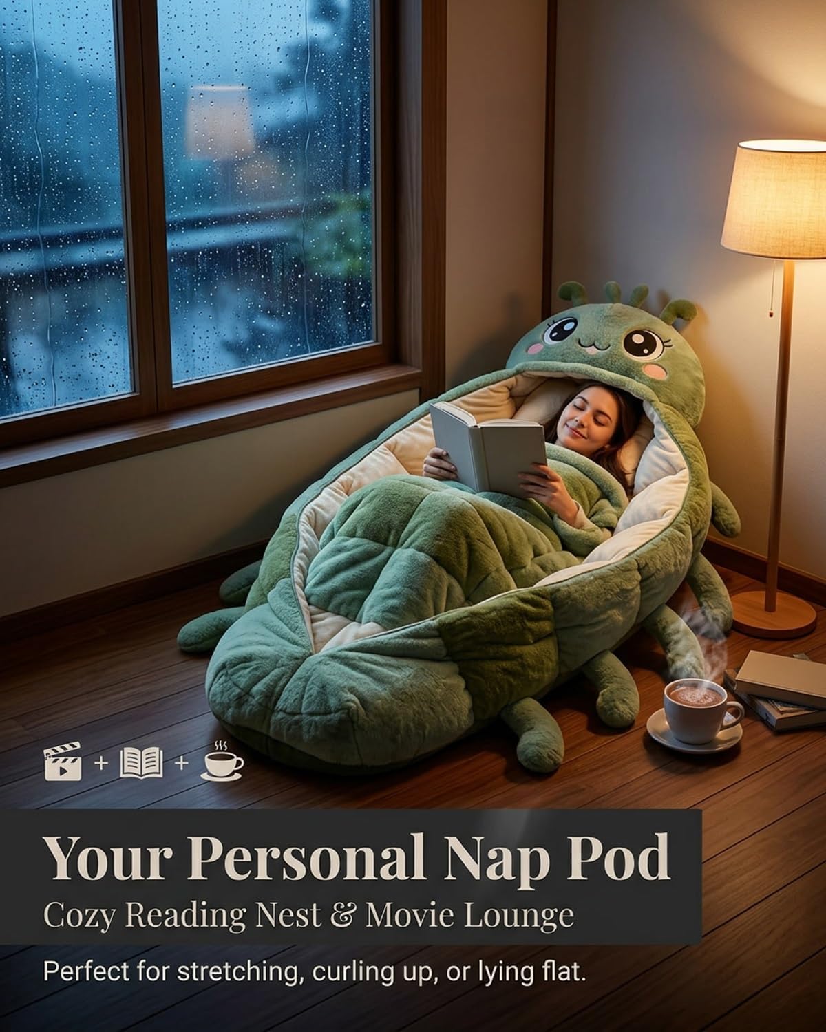 Hugging Caterpillar Sleeping Bag Plush Cocoon Pull Cord Full Body Lounger Indoor Nap Pod Cozy Reading Nest Animal for Adults Soft Convertible Relaxation System Perfect Comfort Cuddle Wrap