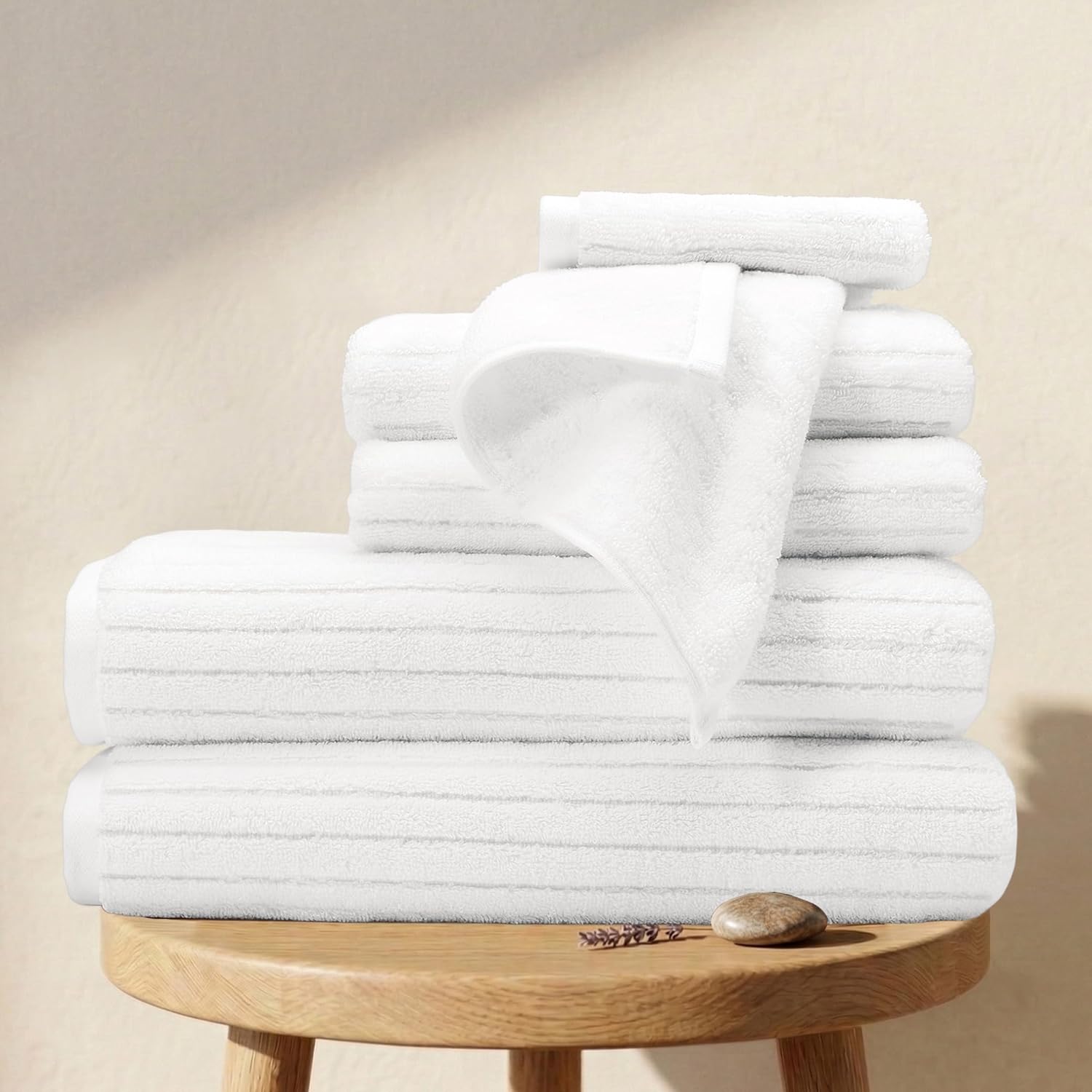 BIOWEAVES 100% Organic Cotton 6-Piece Luxury Bathroom Ribbed Towel Set GOTS Certified 700 GSM, 2 Bath Towel, 2 Hand Towel & 2 Wash Cloths - White