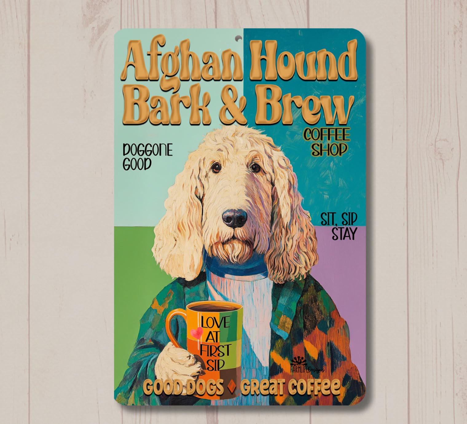 Afghan Hound Coffee Bar Sign Bark & Brew dog kitchen funny metal tin wall art home decor