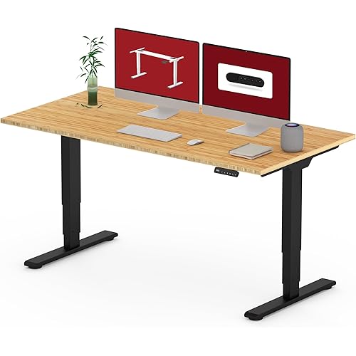 SANODESK 55 Inch 3 Stage Bamboo Electric Standing Desk, Dual Motor Height Adjustable Desk, Whole-Piece Desktop Sit to Stand Home Office Desk (Black Frame/ 55” x 28” Natural Bamboo Top)