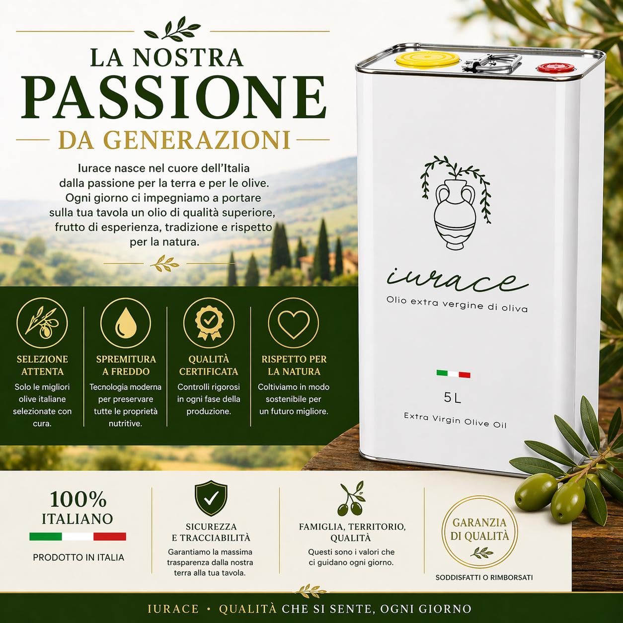 Olio Extravergine di Oliva 5L 100% Italiano – Calabria – Estratto a Freddo – Qualità Premium, Aroma Fruttato, Bassa Acidità 0,4%