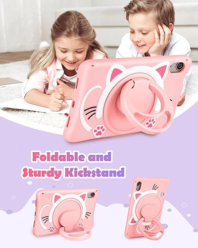 Miniatura 5 de Funda para iPad Mini 6 de 8.3 pulgadas para niñas, diseño de gato kawaii, diseño de caricaturas 3D, con asa giratoria y correa de silicona suave