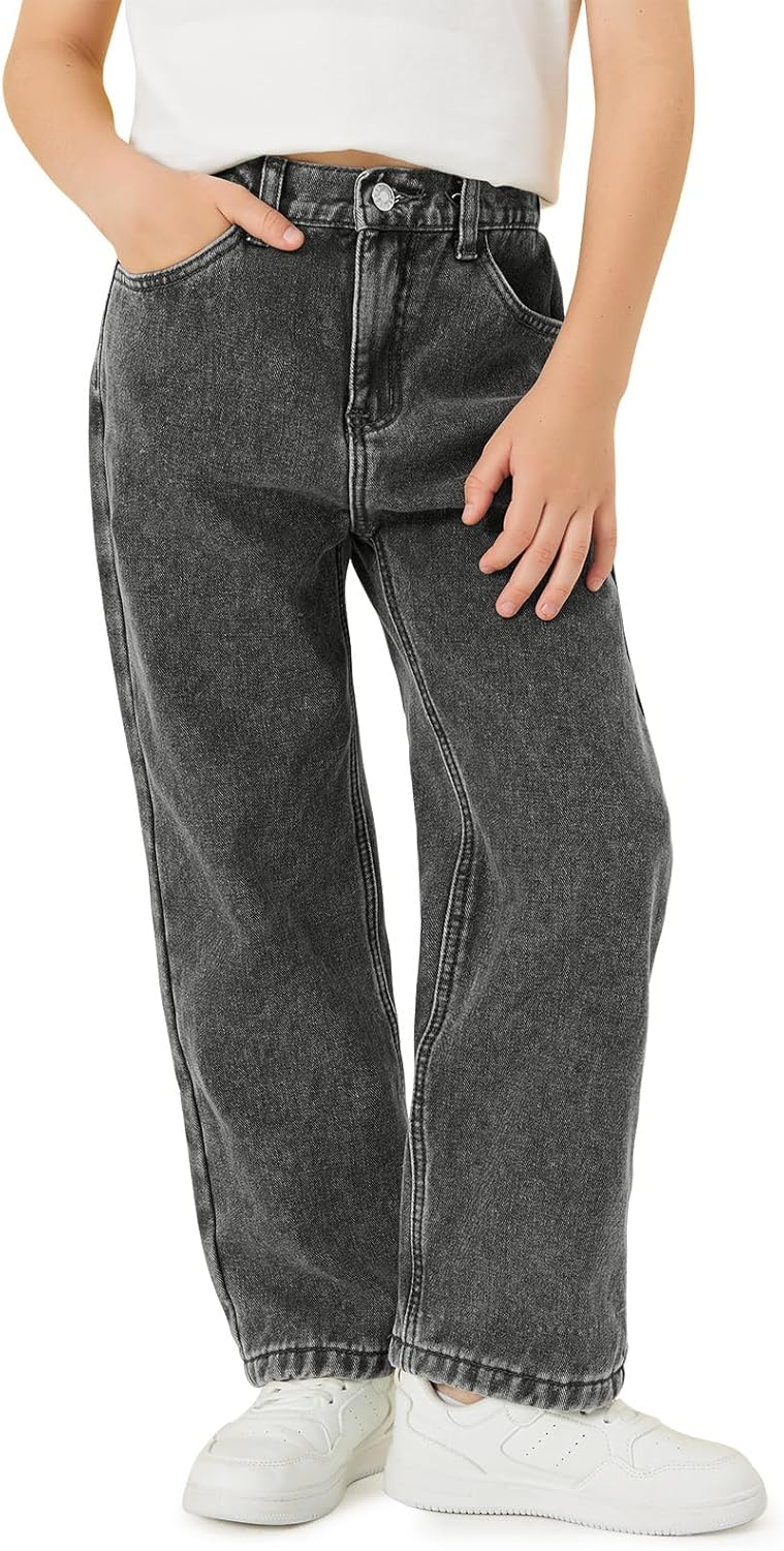 Haloumoning Boy's Thermal Fleece Lined Jeans Kids Elastic Waist Straight Leg Denim Pants with Pockets