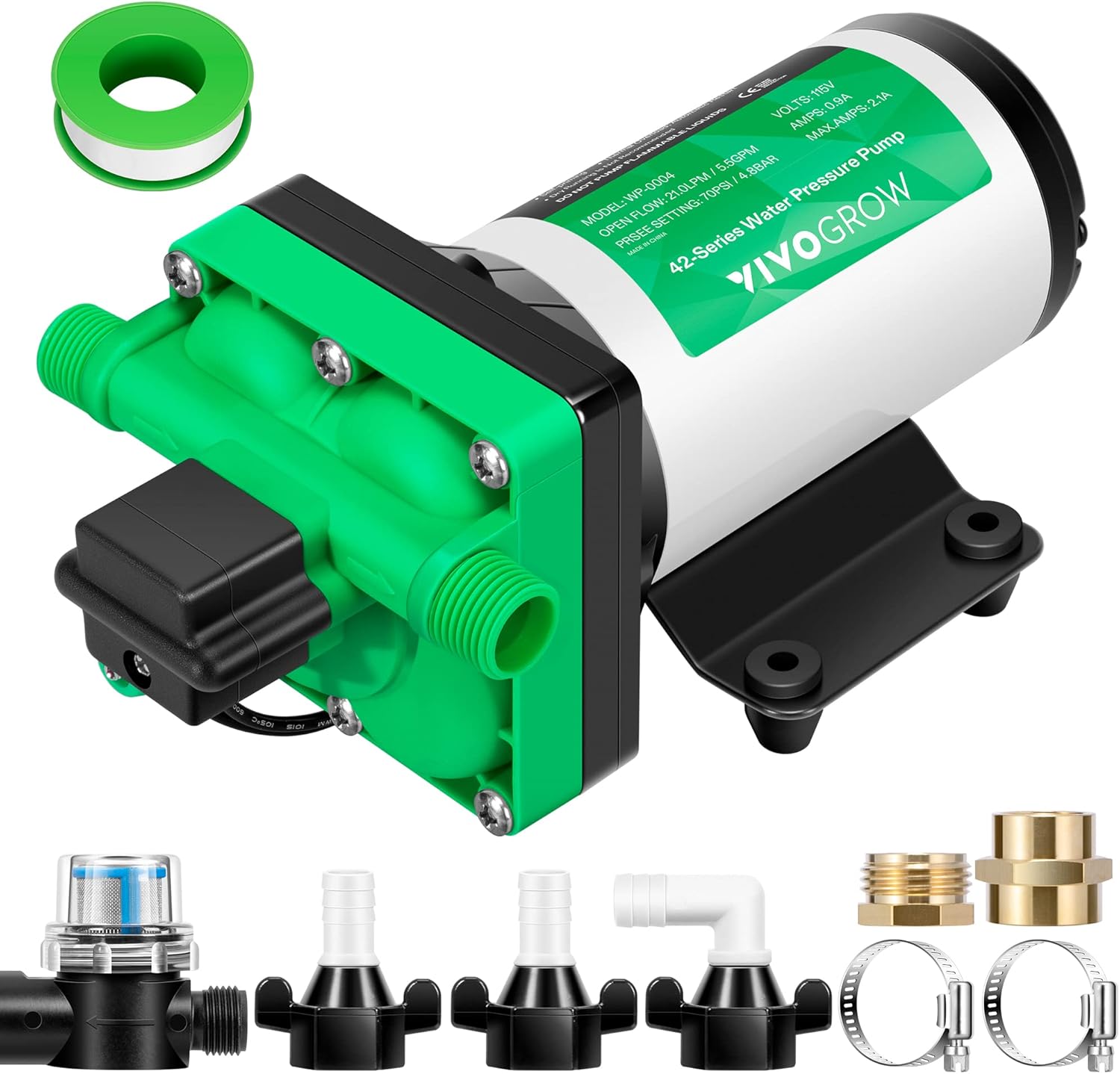 VIVOGROW Water Pressure Pump, 110V 5.5GPM 70 PSI Diaphragm Water Pump Include 1/2" and 3/4" Garden Hose Adapters, Power Plug for Bathrooms, Kitchens, RVs, and Yachts, Green