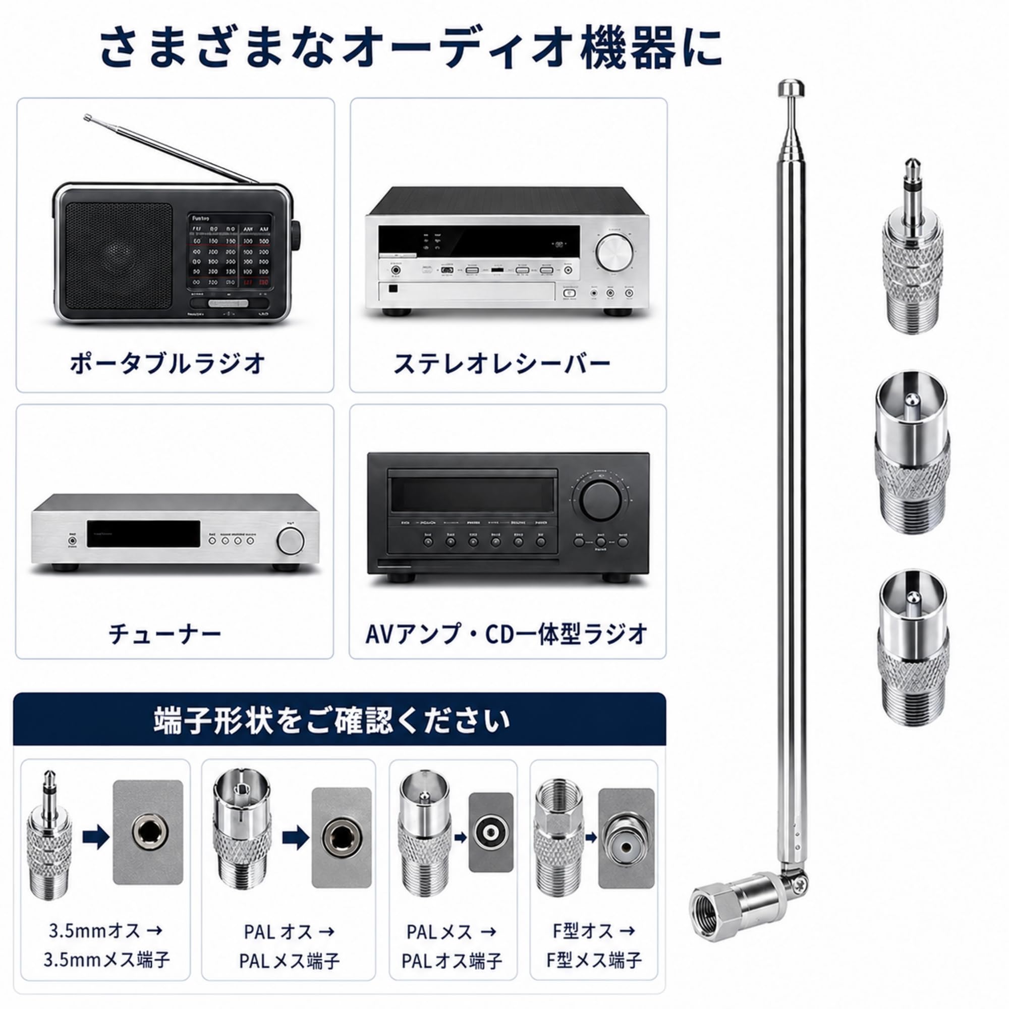 Amazon.co.jp: FMアンテナ 室内用 7段伸縮式 75cm F型ネジ式 3.5mm