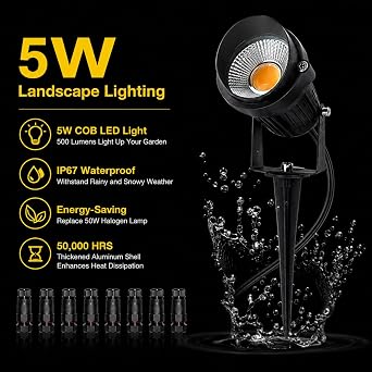 5W Low Voltage LED Landscape Lights,12V/24V AC/DC Landscape Lighting,Outdoor Lawn Tree Flag Spotlights with Spike Stand,IP65 Waterproof Garden Pathway Lights (8 Pack Warm White with Connector)
