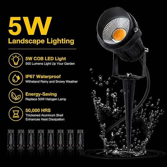 5W Low Voltage LED Landscape Lights,12V/24V AC/DC Landscape Lighting,Outdoor Lawn Tree Flag Spotlights with Spike Stand,IP65 Waterproof Garden Pathway Lights (8 Pack Warm White with Connector)