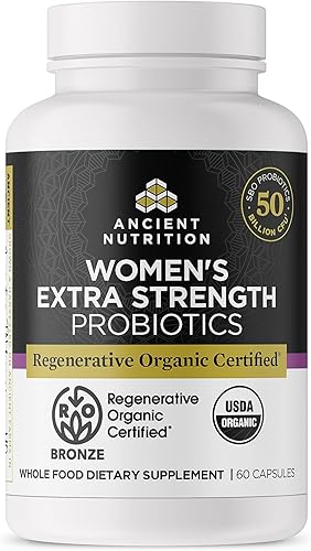 Ancient Nutrition Probióticos regenerativos orgánicos certificados para mujeres, probióticos extra fuertes para mujeres, digestión saludable y apoyo