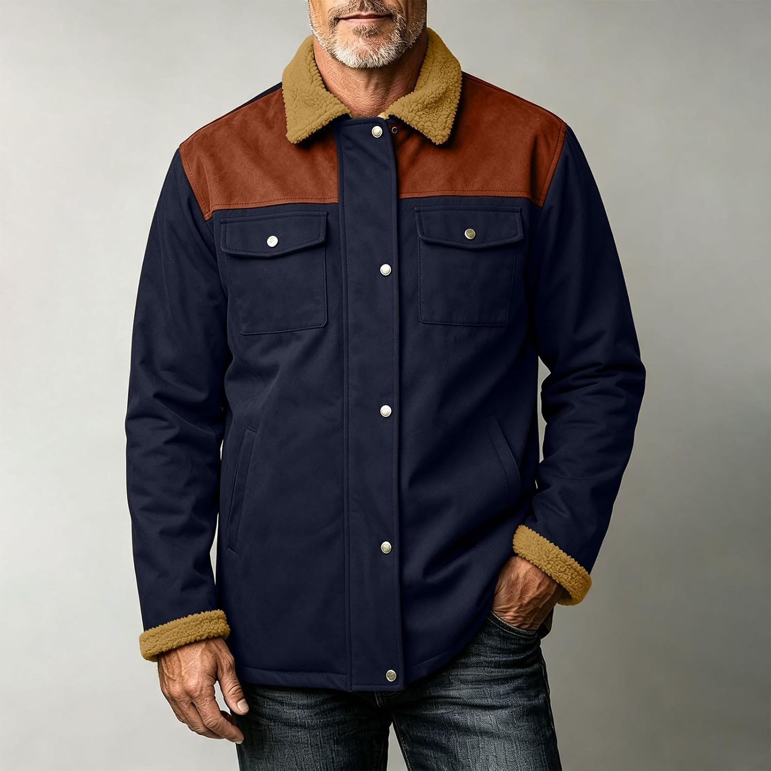 Men Sherpa Lined Color Block Work Jacket Button Up Warm Fleece Coat
