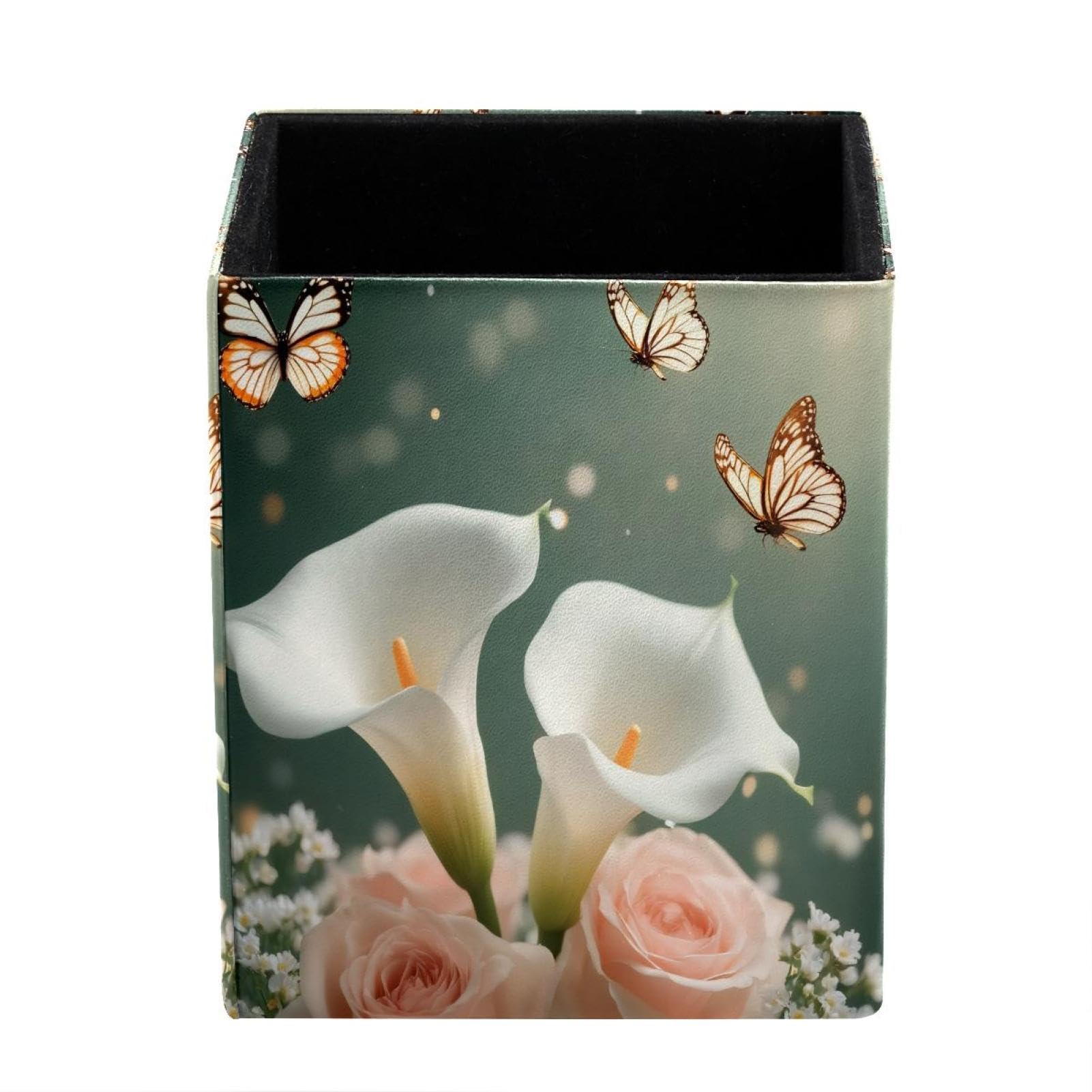 XingFox Lady Beetle Pattern Pen Holder for Desk Deco, Sqaure PVC Leather Pencil Cup for Desk Pen Organizer, Makeup Brush Holder for School, Home, Office