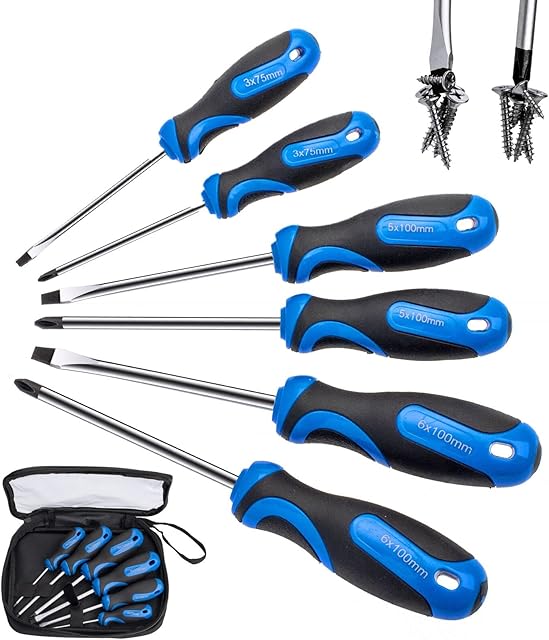 6pcs Screwdriver Set-Chrome Vanadium Steel Made Non-Slip Handle,Magnetic Screwdrivers Tool Set with 3 Cross and 3 Flat Head for Repair Home Improvement Craft