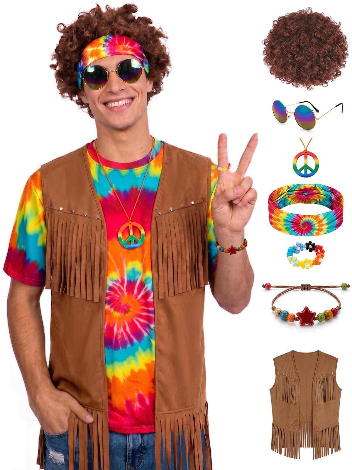 Hippie Costume for Men 60s 70s Outfits Tie Dye Shirt Set
