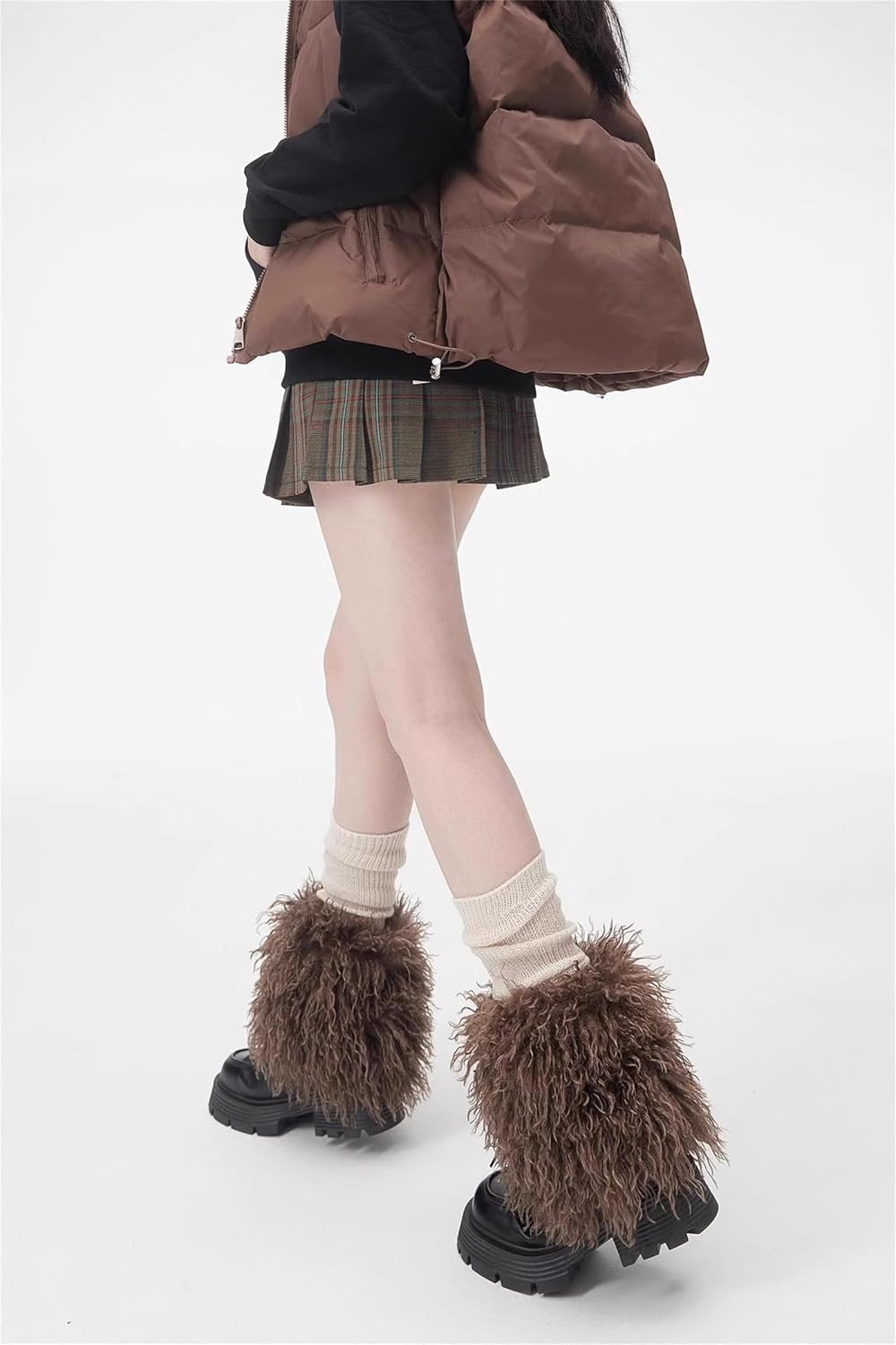 Women's Autumn Winter Real Mongolian Sheep Fur Short Leg Warmers Mid-Calf Fluffy Leg Covers For Boots