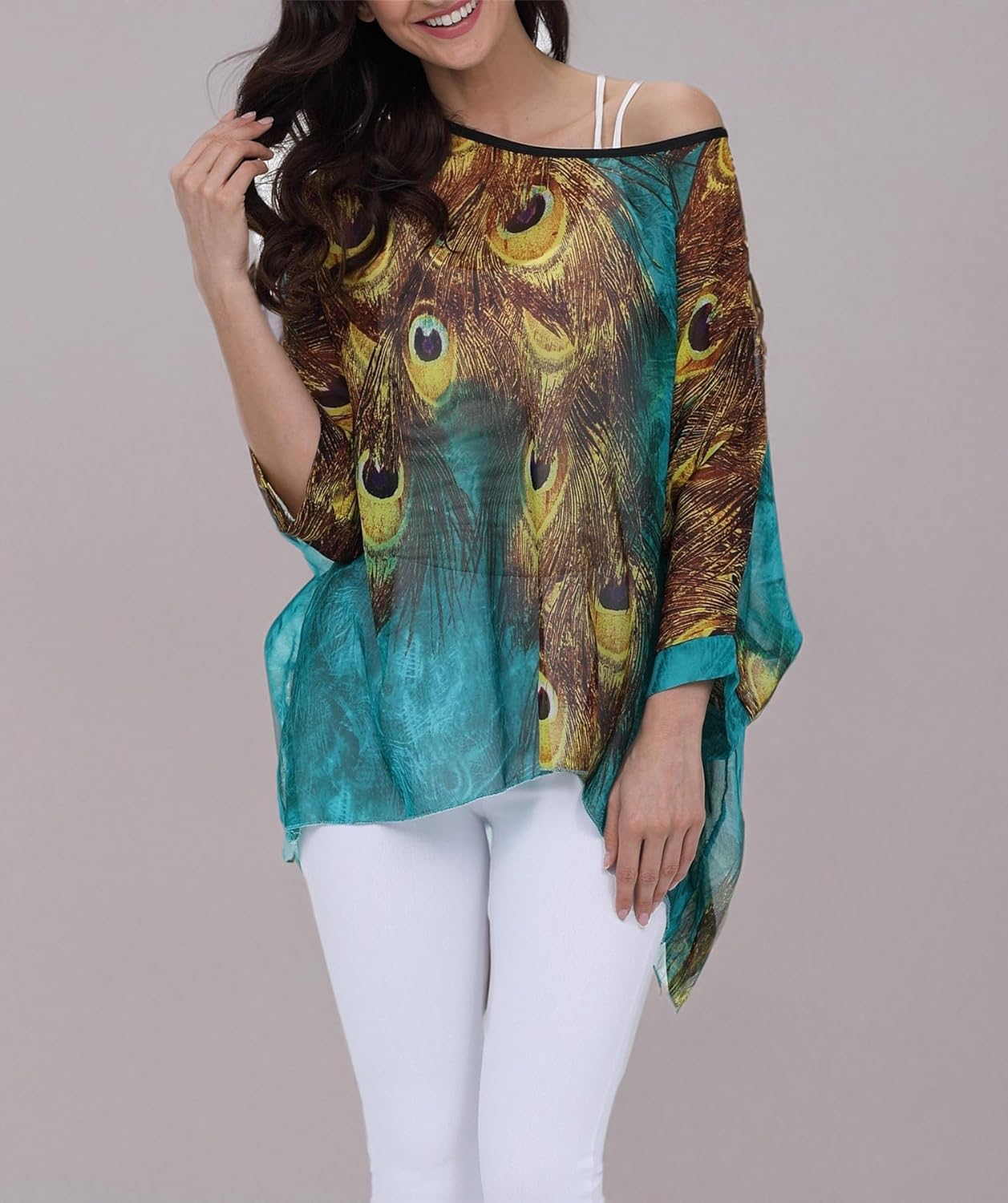 Plus Size Floral Chiffon Batwing Sleeve Tunic Blouse Boho Off-Shoulder Beach Cover Up Loose Summer Tops for Women - Image 8