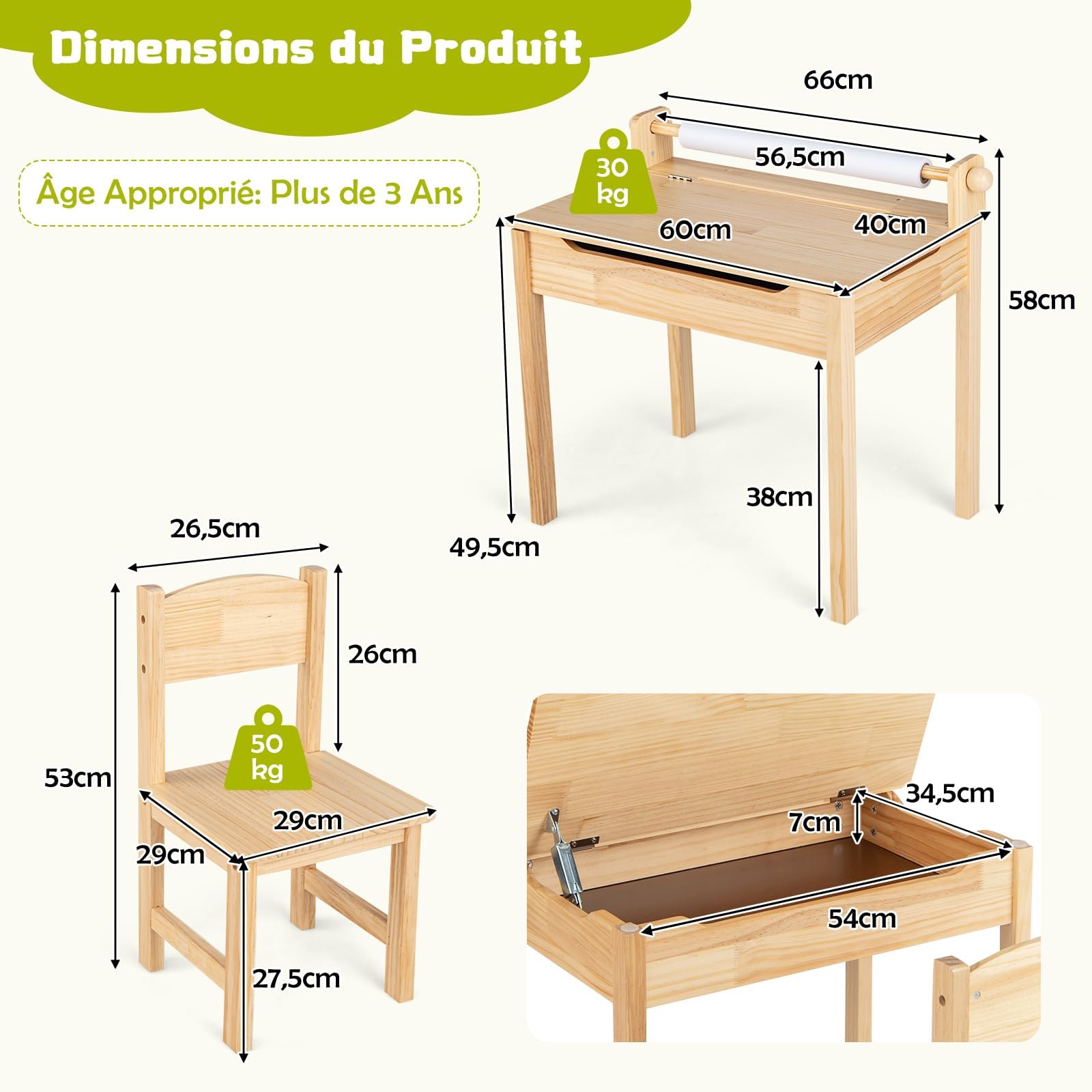 GOPLUS Bureau Enfant avec Chaise en Bois de Pin, Table à Dessin avec Rouleau Papier, Bureau d'Écriture avec Rangement, Charge 50kg, Naturel