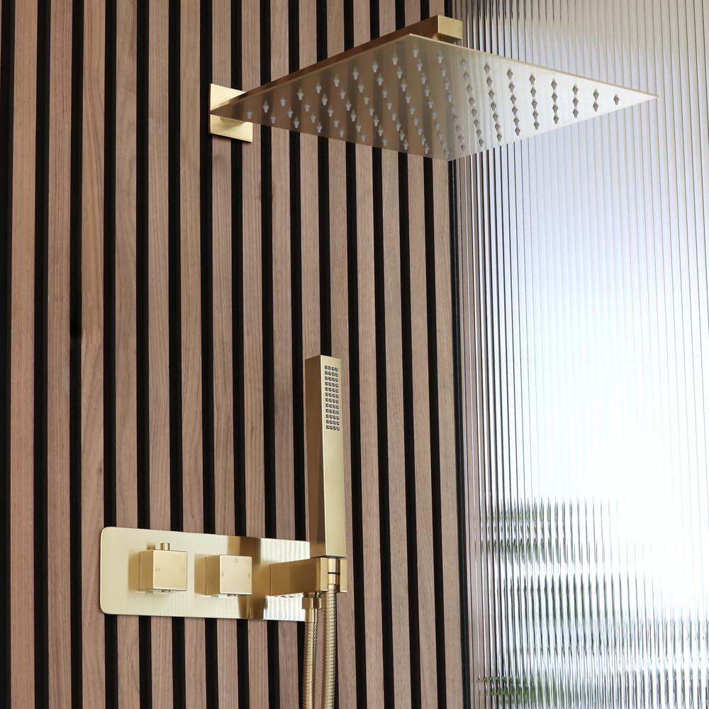 Milano Lyra Thermostatic Mixer Valve 300mm Shower Head Handset - Brushed Brass