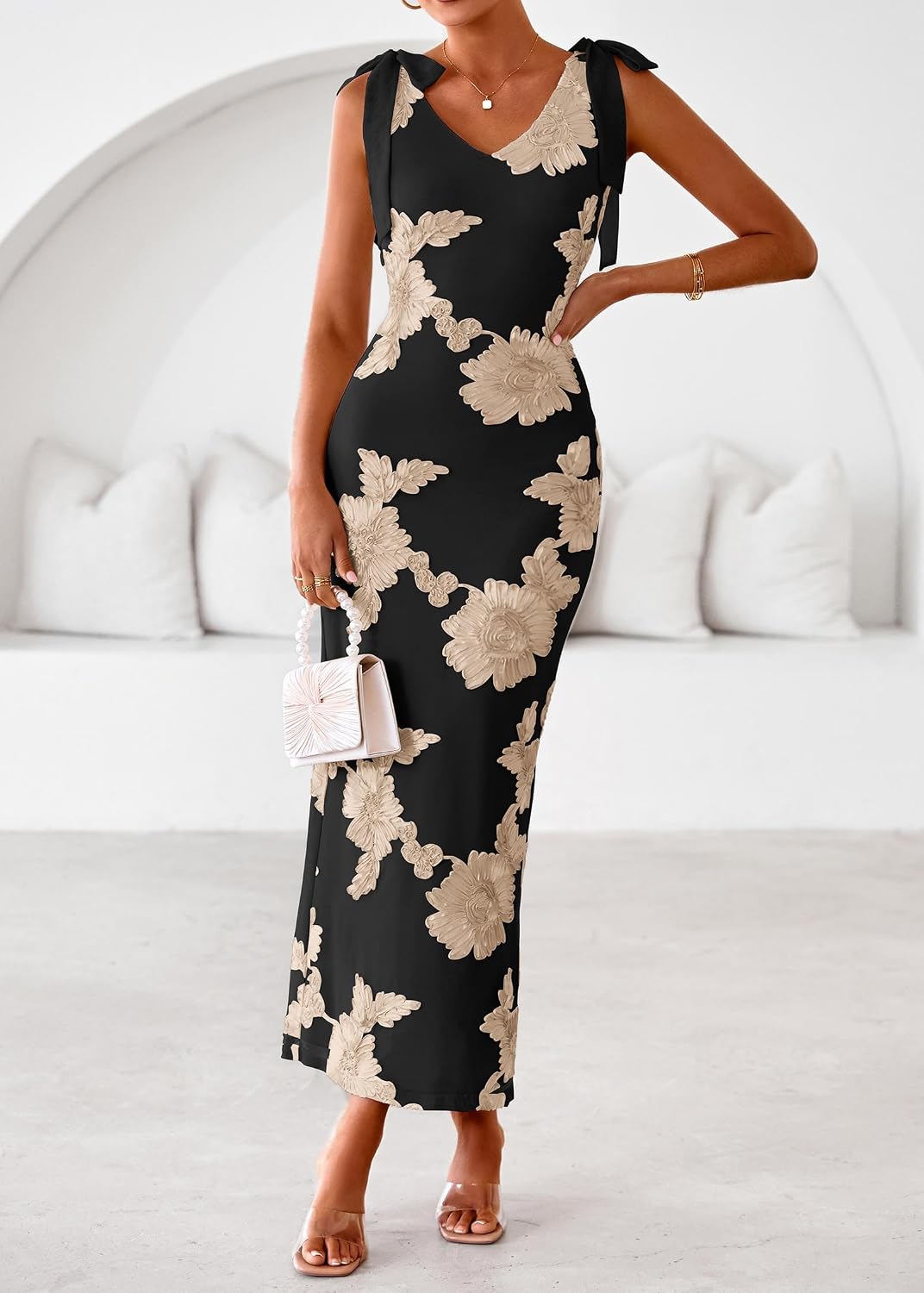 Lazysmile Womens Floral Embroidered Maxi Dress Sleeveless V Neck Tie Strap Ribbon Flower Mesh Party Cocktail Dresses