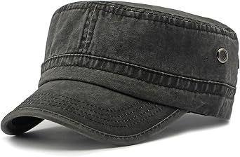 Army Hats for Men, Black Washed Cotton Short Brim Cadet Hat, Breathable Lightweight Patrol Cap, Adjustable Flat Top Cap for Summer Outdoor Sports