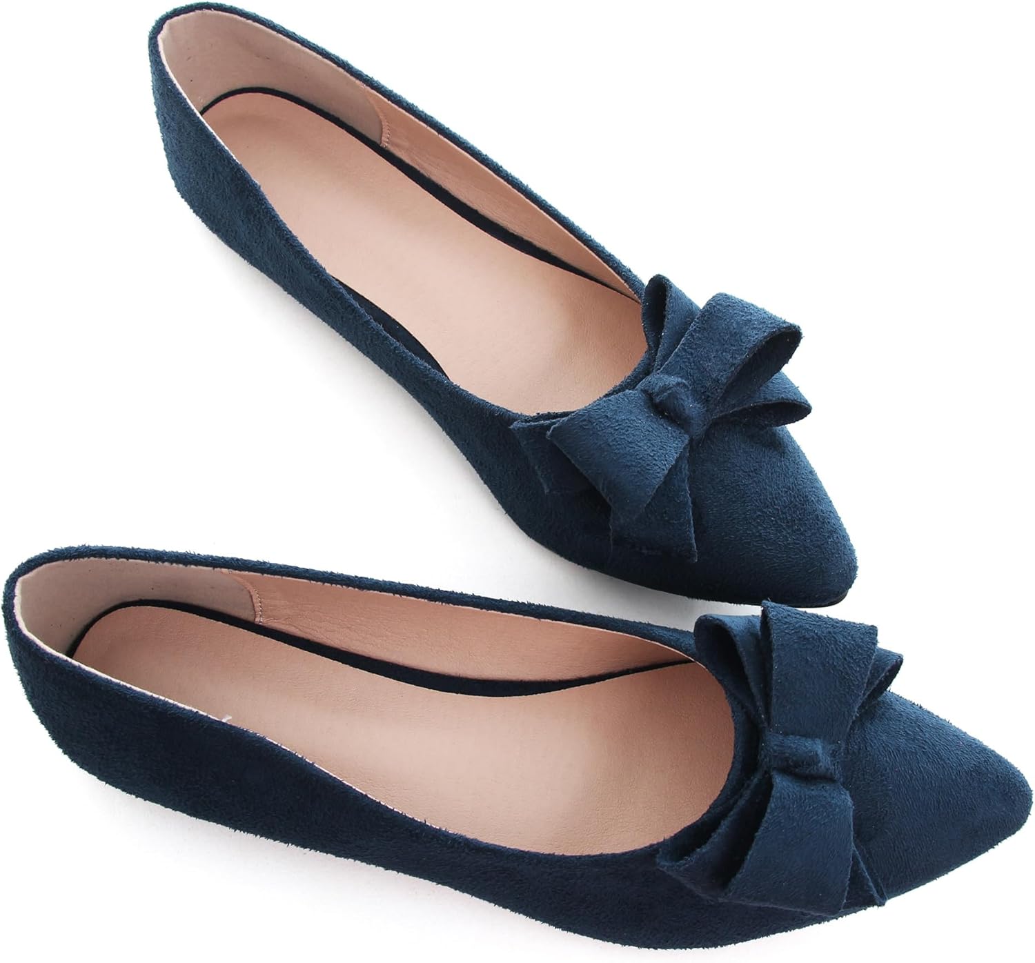 Women's Pointed Toe Ballet Flats Casual Dress Shoes Size 7.5 for Crews Women Dressy Comfortable Slip-On Loafers Bow-Knot Suede Navy Flats