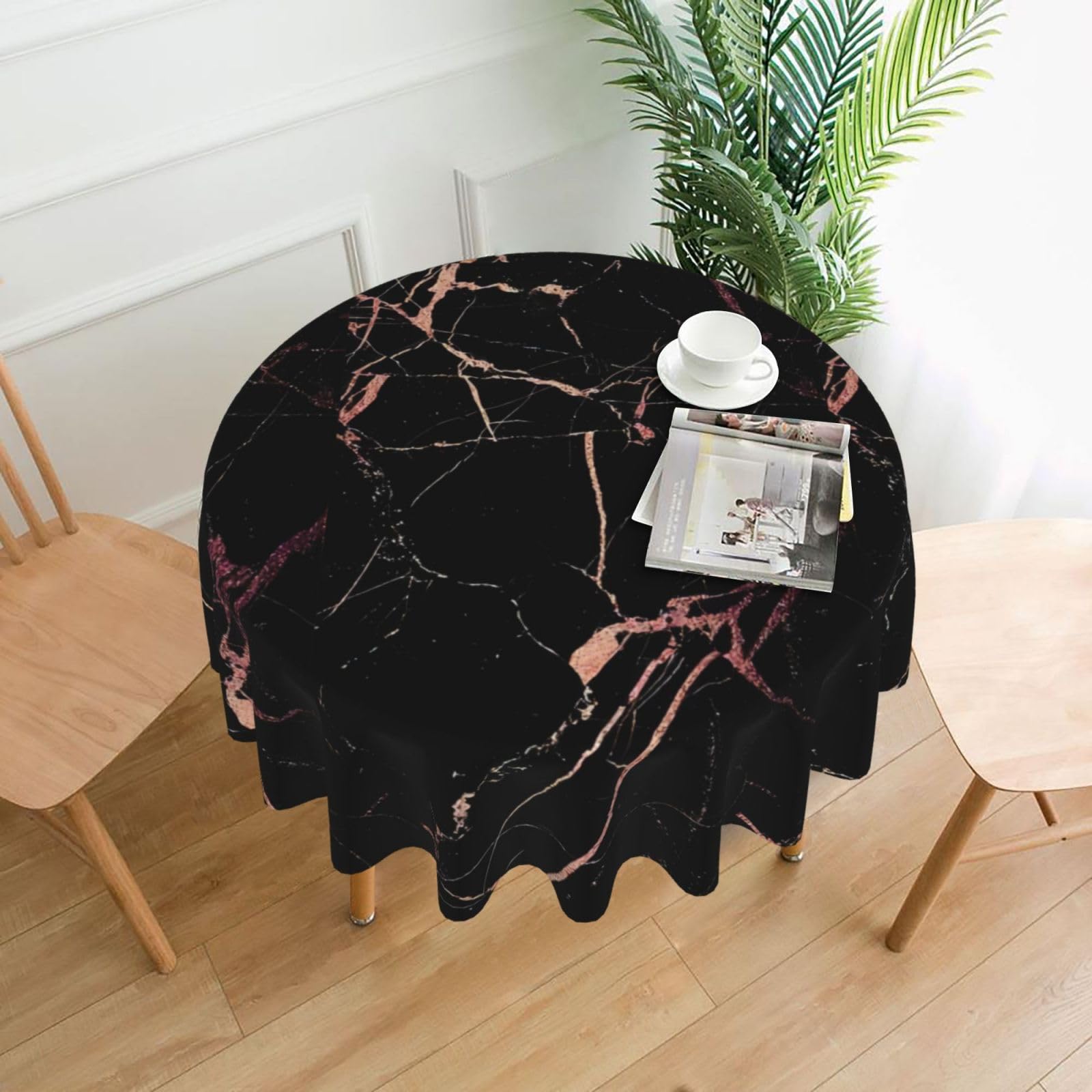 WHJSHOP Round Decorative Tablecloth - 60 in Black rose gold Marble Prints Soft Wrinkle-Resistant for Dining Tables and Parties