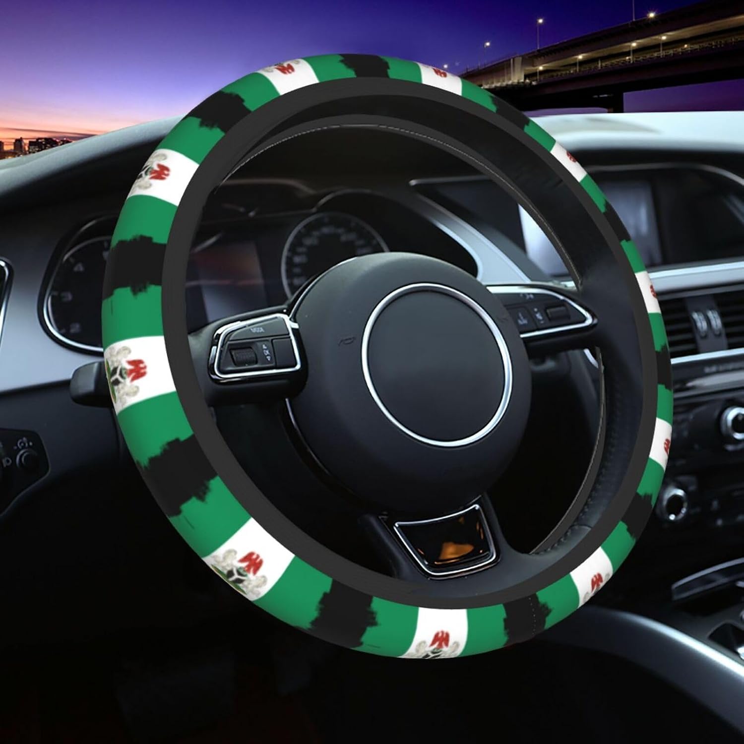 Nigeria Nigerian Flag Car Steering Wheel Cover for Men Woman Universal Anti-Slip Elastic Breathable Soft Rubber Car Steering Wheel Protective Cover 15 Inch Fit for Cars, Auto, Suvs